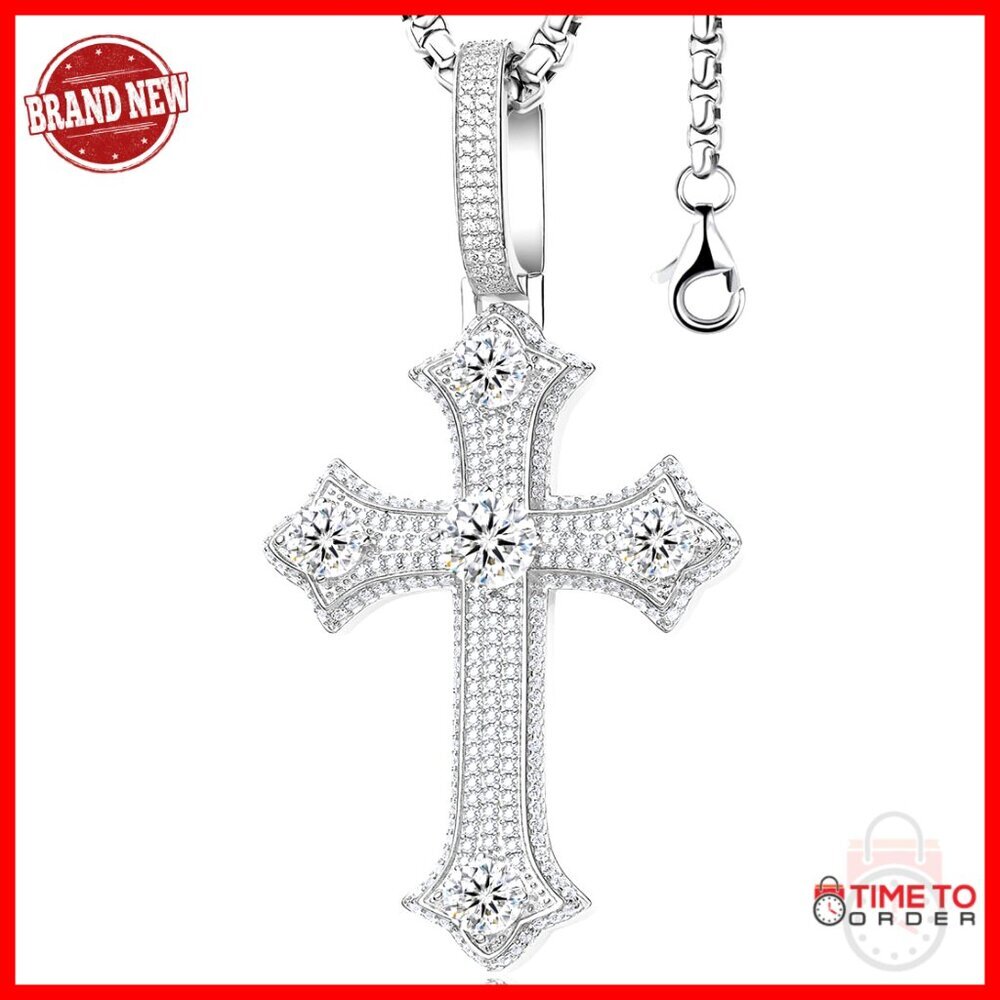 Men's Moissanite Cross Pendant Necklace, Sterling Silver, 2.9CT, Hip Hop Style